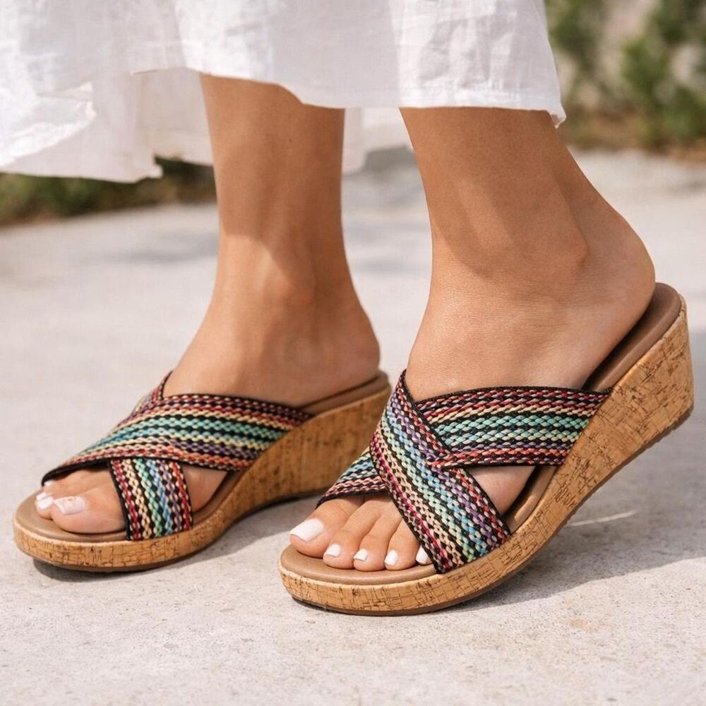 Skechers Cali Beverlee Delighted woven wedge sandals multicolored slip on size 8